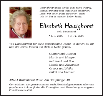Traueranzeige von Elisabeth Hawighorst von Neue Osnabrücker Zeitung GmbH & Co. KG