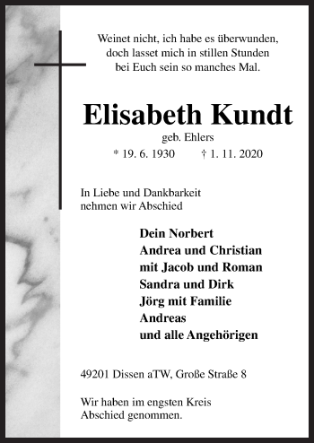 Traueranzeige von Elisabeth Kundt von Neue Osnabrücker Zeitung GmbH & Co. KG