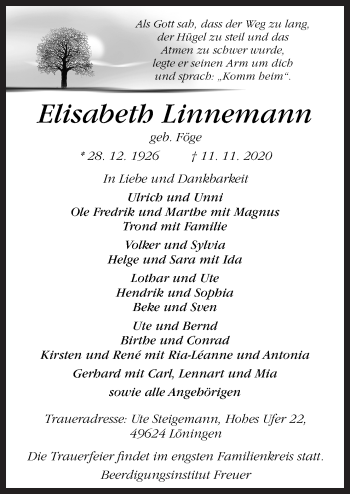 Traueranzeige von Elisabeth Linnemann von Neue Osnabrücker Zeitung GmbH & Co. KG