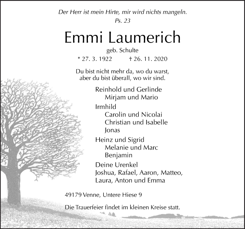  Traueranzeige für Emmi Laumerich vom 30.11.2020 aus Neue Osnabrücker Zeitung GmbH & Co. KG