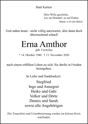 Traueranzeige von Erna Amthor von Neue Osnabrücker Zeitung GmbH & Co. KG