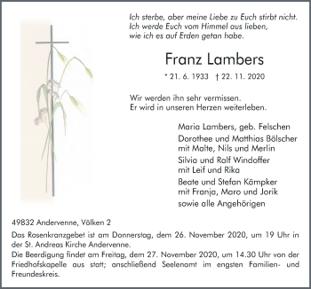 Traueranzeige von Franz Lambers von Neue Osnabrücker Zeitung GmbH & Co. KG