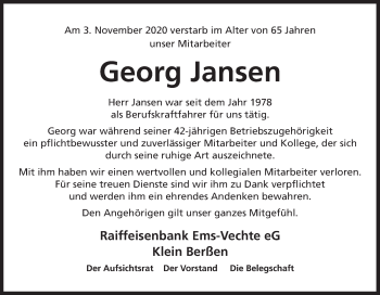 Traueranzeige von Georg Jansen von Neue Osnabrücker Zeitung GmbH & Co. KG