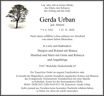 Traueranzeige von Gerda Urban von Neue Osnabrücker Zeitung GmbH & Co. KG