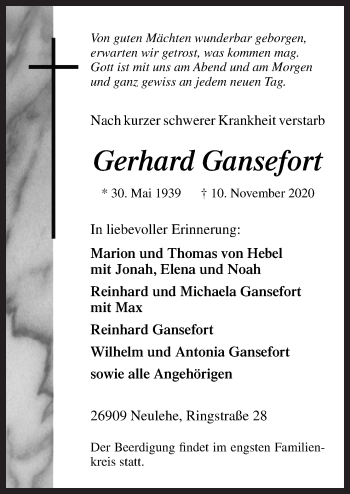 Traueranzeige von Gerhard Gansefort von Neue Osnabrücker Zeitung GmbH & Co. KG