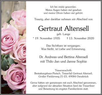 Traueranzeige von Gertraut Altensell von Neue Osnabrücker Zeitung GmbH & Co. KG