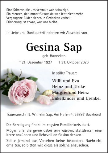 Traueranzeige von Gesina Sap von Neue Osnabrücker Zeitung GmbH & Co. KG