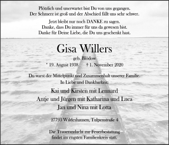 Traueranzeige von Gisa Willers von Neue Osnabrücker Zeitung GmbH & Co. KG