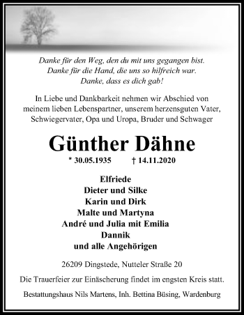 Traueranzeige von Günther Dähne von Neue Osnabrücker Zeitung GmbH & Co. KG