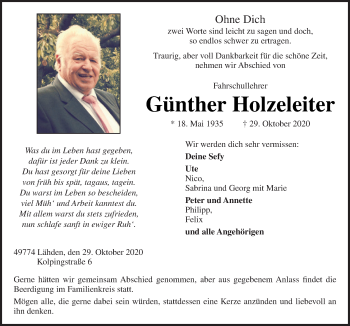 Traueranzeige von Günther Holzeleiter von Neue Osnabrücker Zeitung GmbH & Co. KG