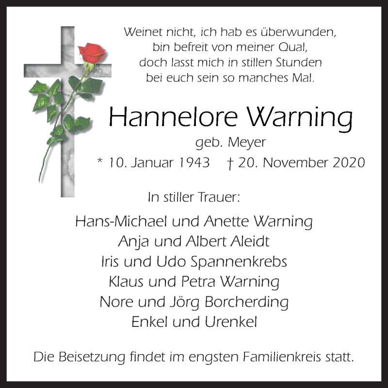  Traueranzeige für Hannelore Warning vom 28.11.2020 aus Neue Osnabrücker Zeitung GmbH & Co. KG