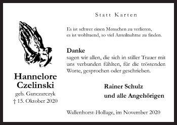 Traueranzeige von Hannelorre Czelinski von Neue Osnabrücker Zeitung GmbH & Co. KG