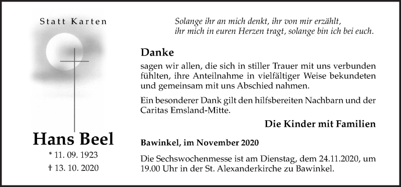  Traueranzeige für Hans Beel vom 20.11.2020 aus Neue Osnabrücker Zeitung GmbH & Co. KG