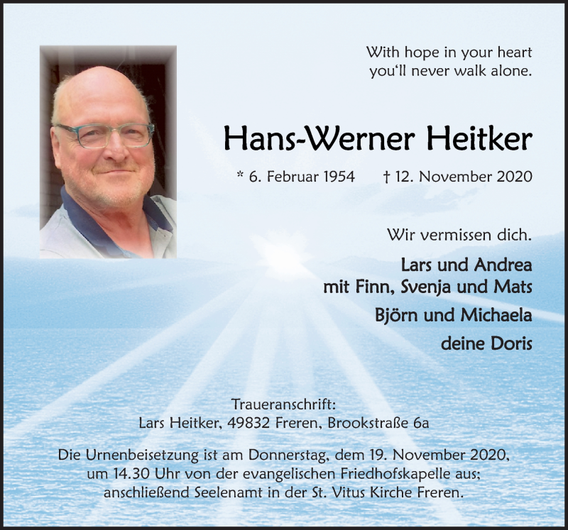  Traueranzeige für Hans-Werner Heitker vom 16.11.2020 aus Neue Osnabrücker Zeitung GmbH & Co. KG