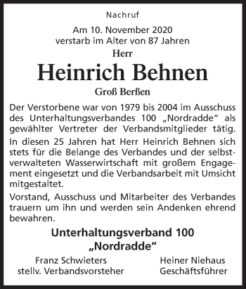 Traueranzeige von Heinrich Behnen von Neue Osnabrücker Zeitung GmbH & Co. KG