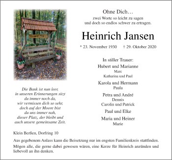 Traueranzeige von Heinrich Jansen von Neue Osnabrücker Zeitung GmbH & Co. KG