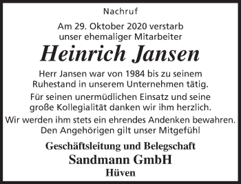 Traueranzeige von Heinrich Jansen von Neue Osnabrücker Zeitung GmbH & Co. KG