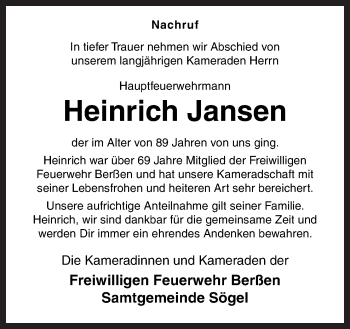 Traueranzeige von Heinrich Jansen von Neue Osnabrücker Zeitung GmbH & Co. KG