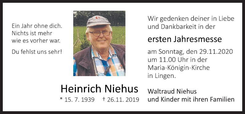  Traueranzeige für Heinrich Niehus vom 26.11.2020 aus Neue Osnabrücker Zeitung GmbH & Co. KG