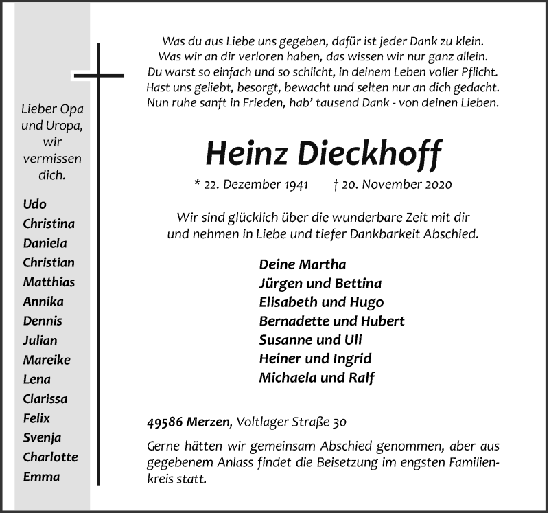  Traueranzeige für Heinz Dieckhoff vom 24.11.2020 aus Neue Osnabrücker Zeitung GmbH & Co. KG