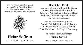 Traueranzeige von Heinz Saffran von Neue Osnabrücker Zeitung GmbH & Co. KG