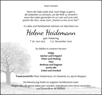 Traueranzeige von Helene Heidemann von Neue Osnabrücker Zeitung GmbH & Co. KG