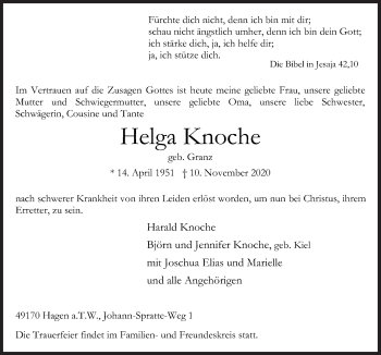 Traueranzeige von Helga Knoche von Neue Osnabrücker Zeitung GmbH & Co. KG