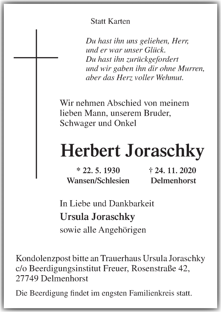  Traueranzeige für Herbert Joraschky vom 28.11.2020 aus Neue Osnabrücker Zeitung GmbH & Co. KG