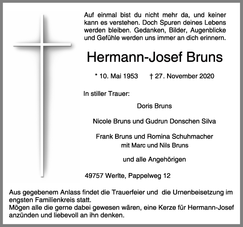  Traueranzeige für Hermann-Josef Bruns vom 30.11.2020 aus Neue Osnabrücker Zeitung GmbH & Co. KG