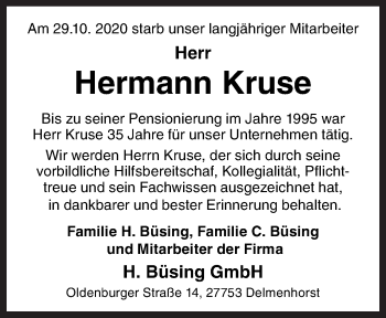 Traueranzeige von Hermann Kruse von Neue Osnabrücker Zeitung GmbH & Co. KG