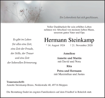 Traueranzeige von Hermann Steinkamp von Neue Osnabrücker Zeitung GmbH & Co. KG