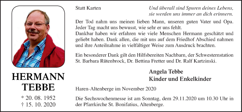  Traueranzeige für Hermann Tebbe vom 28.11.2020 aus Neue Osnabrücker Zeitung GmbH & Co. KG
