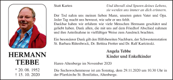 Traueranzeige von Hermann Tebbe von Neue Osnabrücker Zeitung GmbH & Co. KG