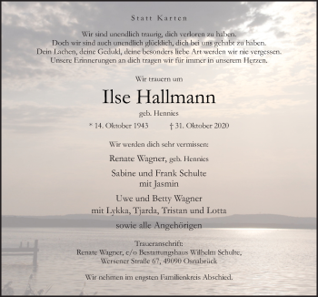 Traueranzeige von Ilse Hallmann von Neue Osnabrücker Zeitung GmbH & Co. KG