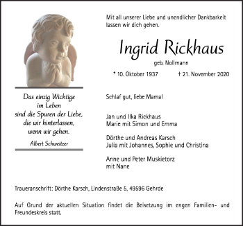 Traueranzeige von Ingrid Rickhaus von Neue Osnabrücker Zeitung GmbH & Co. KG