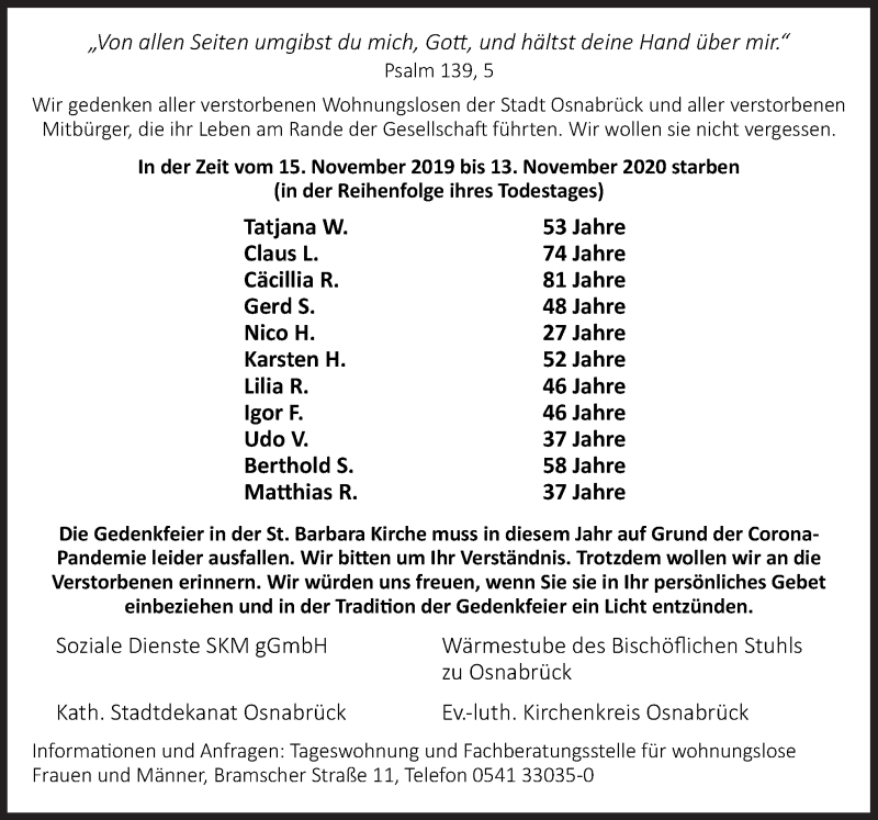  Traueranzeige für In Gedenken  vom 14.11.2020 aus Neue Osnabrücker Zeitung GmbH & Co. KG