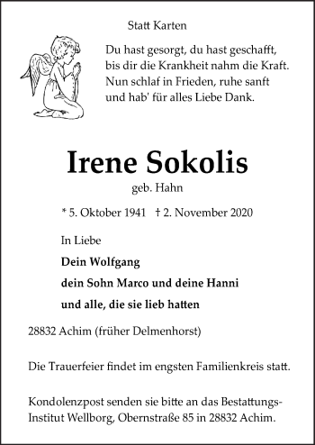 Traueranzeige von Irene Sokolis von Neue Osnabrücker Zeitung GmbH & Co. KG