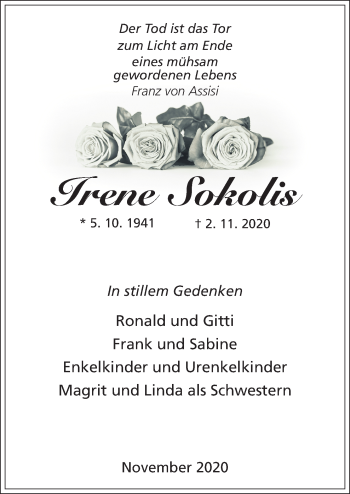 Traueranzeige von Irene Sokolis von Neue Osnabrücker Zeitung GmbH & Co. KG