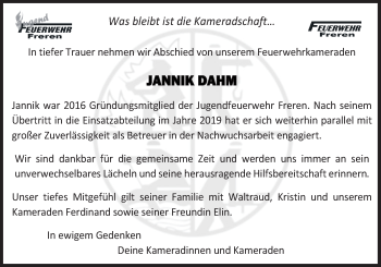 Traueranzeige von Jannik Dahm von Neue Osnabrücker Zeitung GmbH & Co. KG