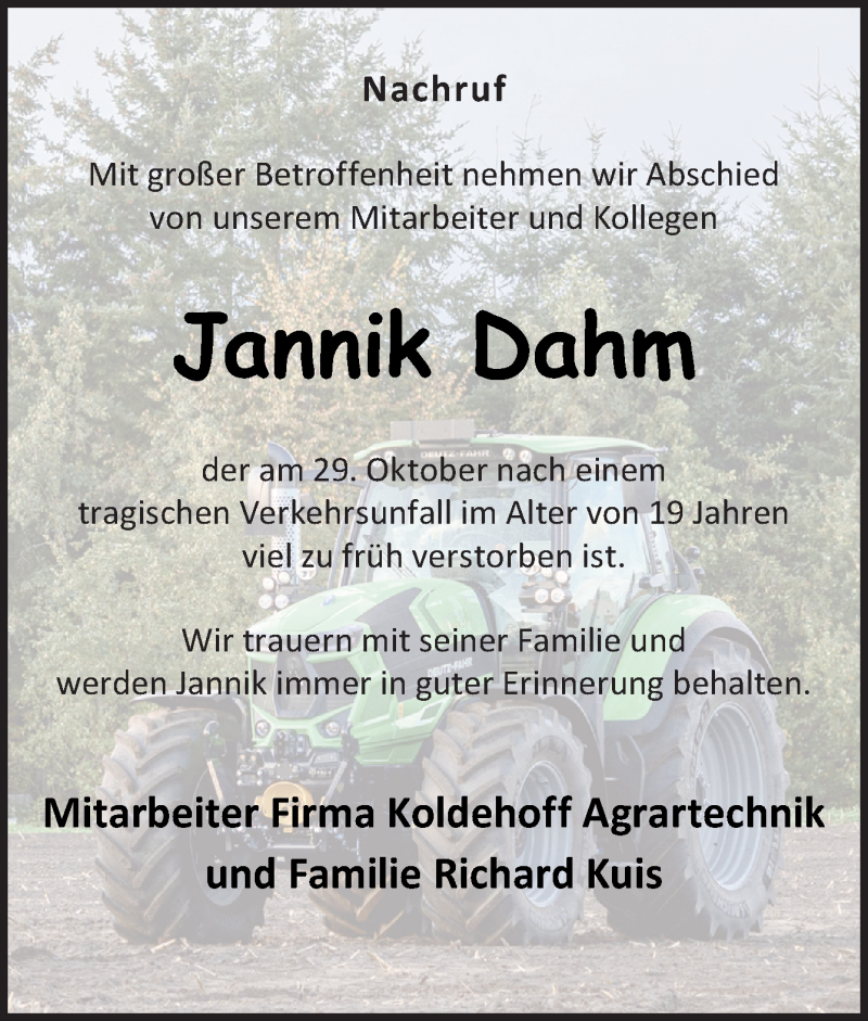  Traueranzeige für Jannik Dahm vom 07.11.2020 aus Neue Osnabrücker Zeitung GmbH & Co. KG