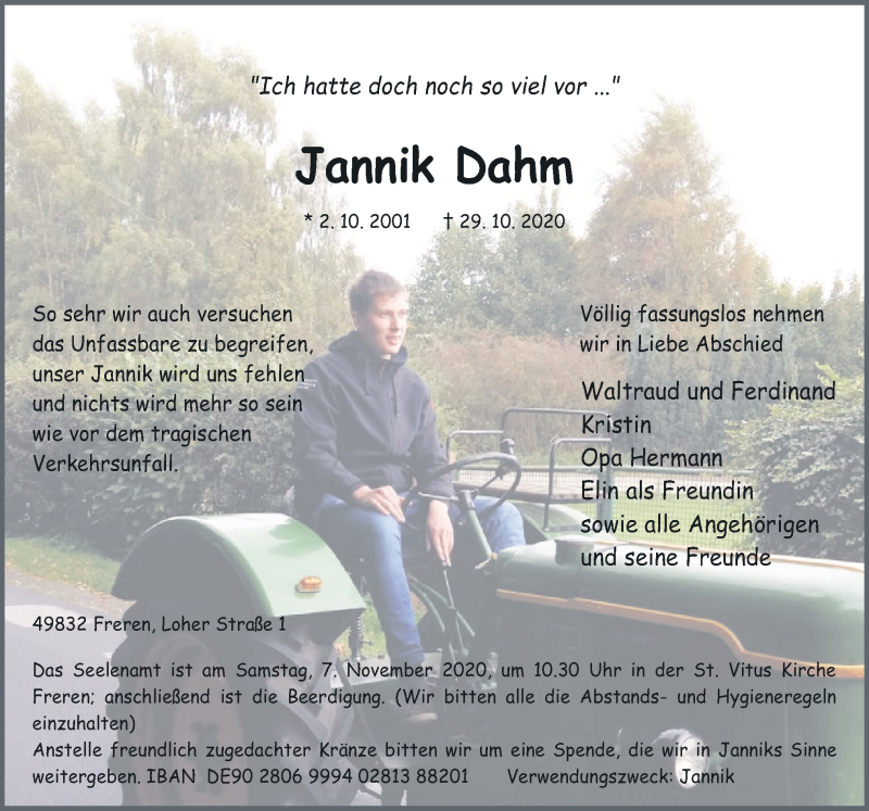  Traueranzeige für Jannik Dahm vom 03.11.2020 aus Neue Osnabrücker Zeitung GmbH & Co. KG