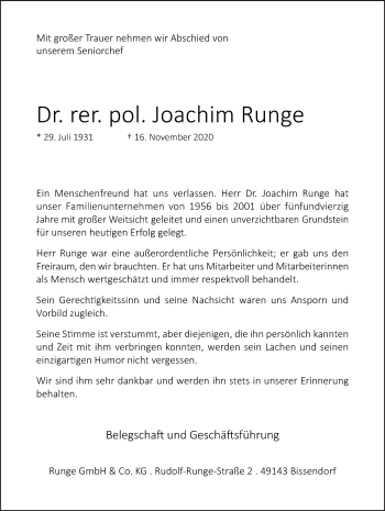 Traueranzeige von Joachim Runge von Neue Osnabrücker Zeitung GmbH & Co. KG