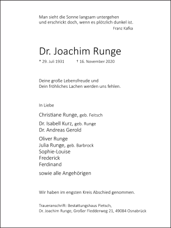 Traueranzeige von Joachim Runge von Neue Osnabrücker Zeitung GmbH & Co. KG