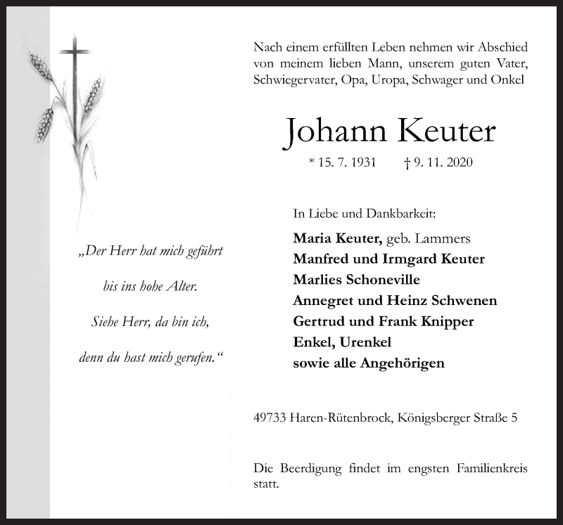  Traueranzeige für Johann Keuter vom 11.11.2020 aus Neue Osnabrücker Zeitung GmbH & Co. KG