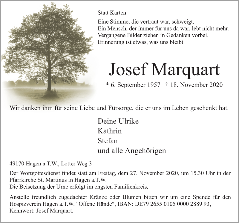  Traueranzeige für Josef Marquart vom 21.11.2020 aus Neue Osnabrücker Zeitung GmbH & Co. KG