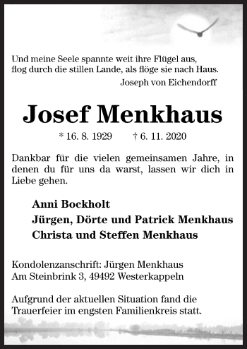 Traueranzeige von Josef Menkhaus von Neue Osnabrücker Zeitung GmbH & Co. KG