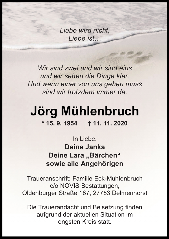  Traueranzeige für Jörg Mühlenbruch vom 16.11.2020 aus Neue Osnabrücker Zeitung GmbH & Co. KG