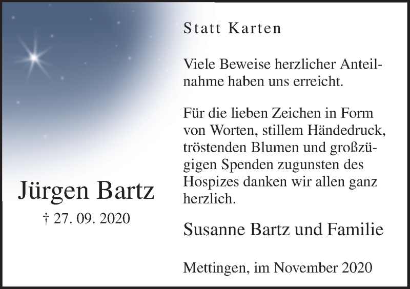  Traueranzeige für Jürgen Bartz vom 14.11.2020 aus Neue Osnabrücker Zeitung GmbH & Co. KG