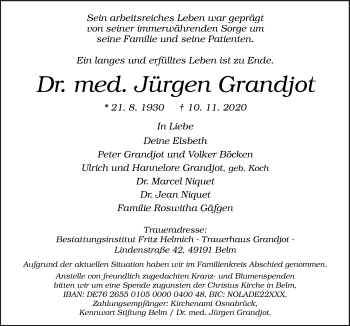 Traueranzeige von Jürgen Grandjot von Neue Osnabrücker Zeitung GmbH & Co. KG