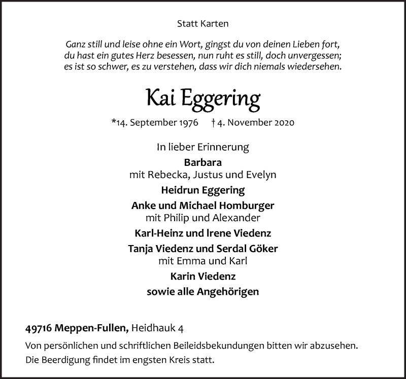  Traueranzeige für Kai Eggering vom 07.11.2020 aus Neue Osnabrücker Zeitung GmbH & Co. KG